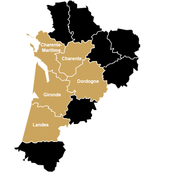 Carte zone d'intervention Gironde Enduits : Gironde, Dordogne, Charente, Charente-Maritime et Landes